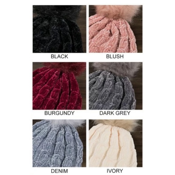 Ivory Chenille Cable Knit Faux Fur Pompom Beanie - Picture 3 of 4